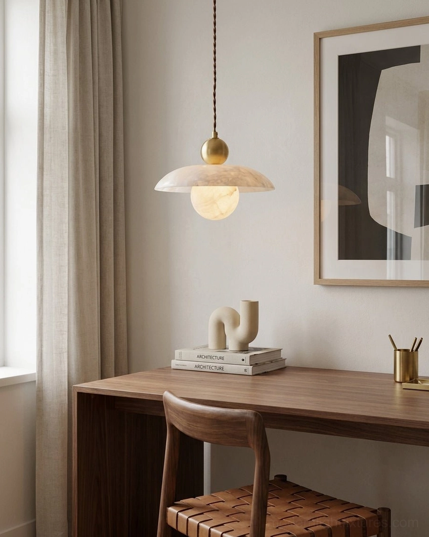 Natural alabaster and brass pendant light fixture showcasing warm stone glow and twisted fabric cord detail