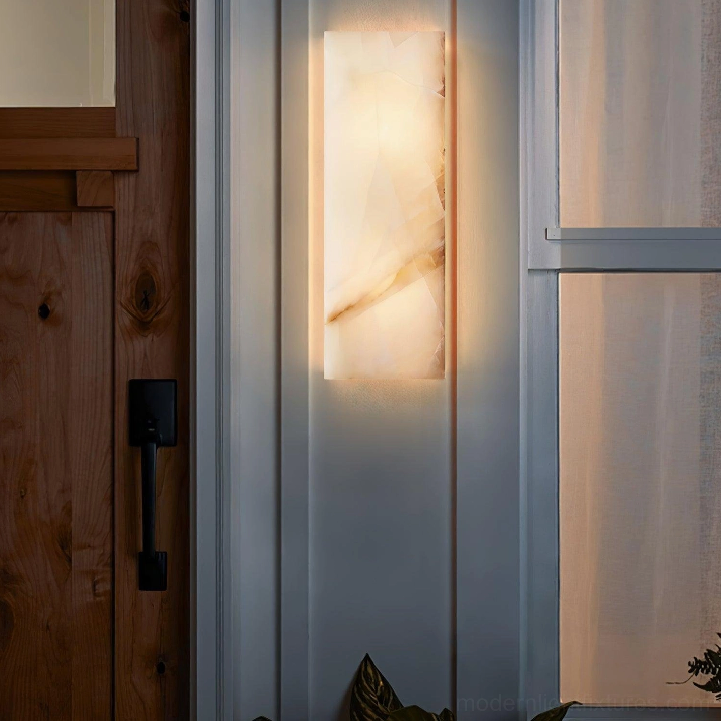 Alabaster wall sconce bathroom powder room damp-rated moisture resistant modern minimalist