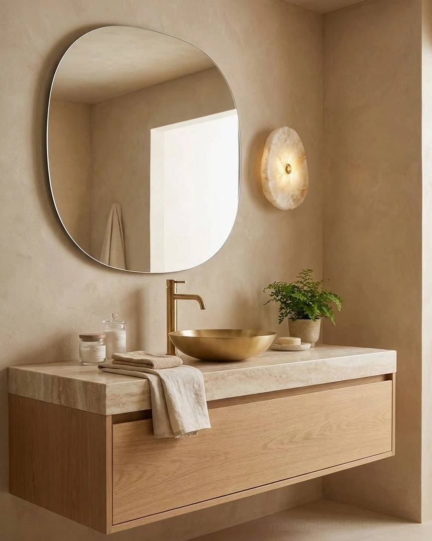 Alabaster wall sconce above modern bathroom vanity with round mirror and warm wood, dry-area installation