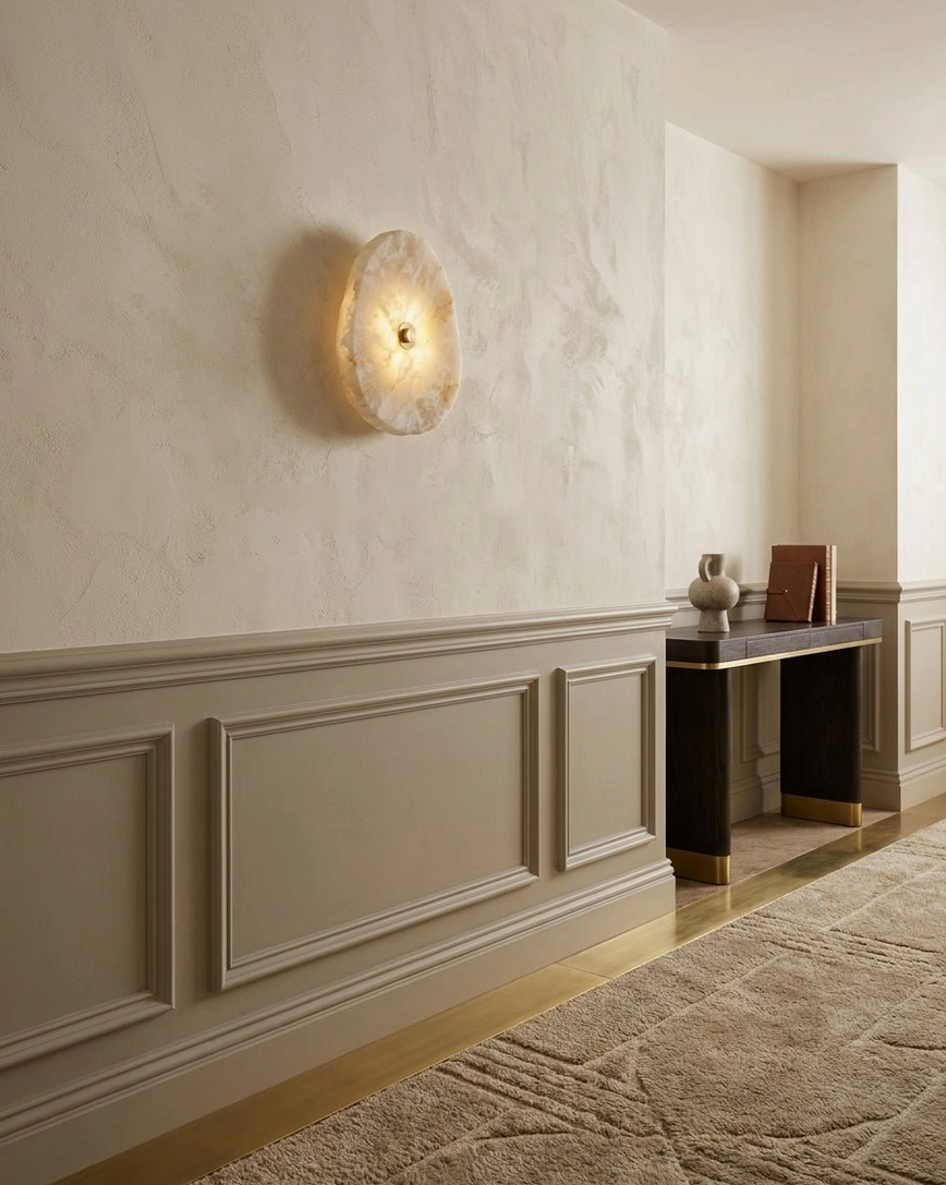 Hand-cut alabaster wall sconce mounted in modern hallway with paneled walls, creating warm ambient accent light