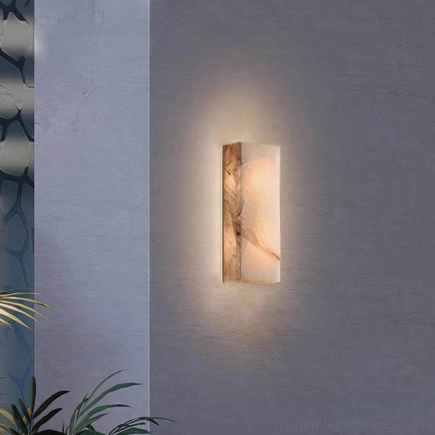 Rectangular alabaster wall sconce industrial luxe exposed brick steel accents contrast lighting