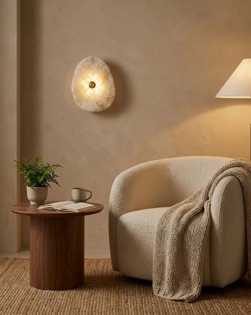 Hand-cut alabaster wall sconce in cozy living room nook with boucle armchair and warm minimalist decor