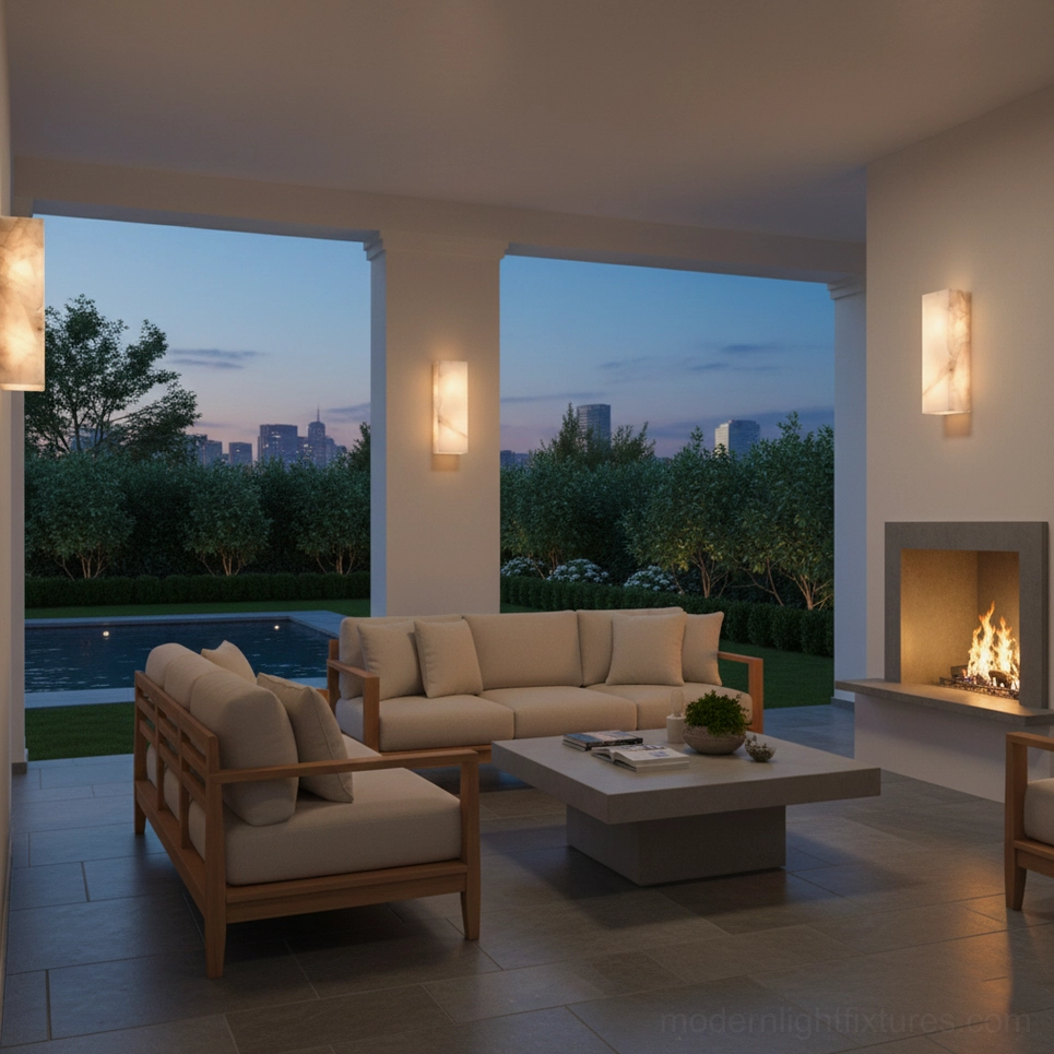 Alabaster wall sconce modern living room fireplace garden view warm stone lighting fixture