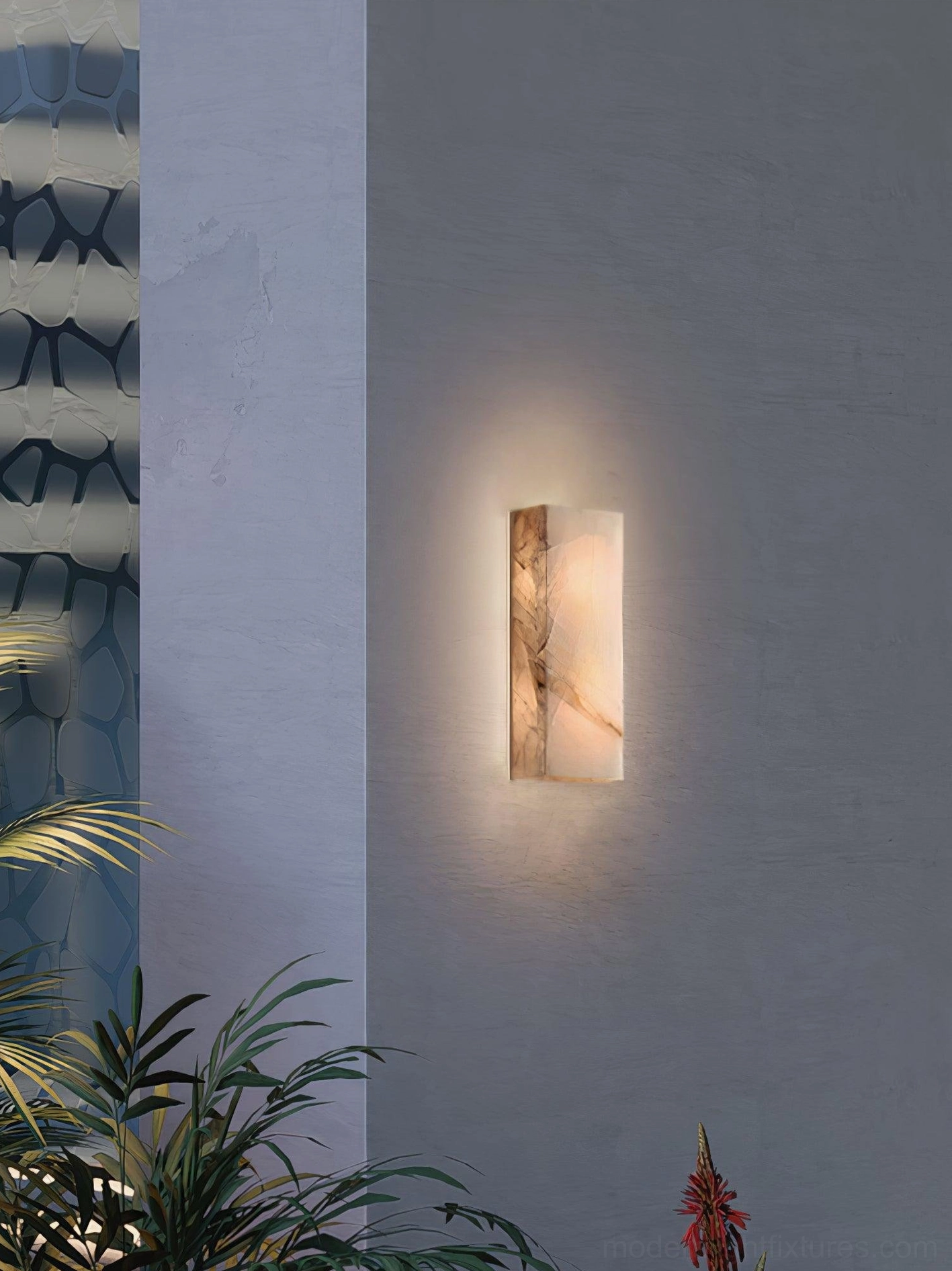 Alabaster wall sconce natural geological material one-of-a-kind veining patterns artisanal quality