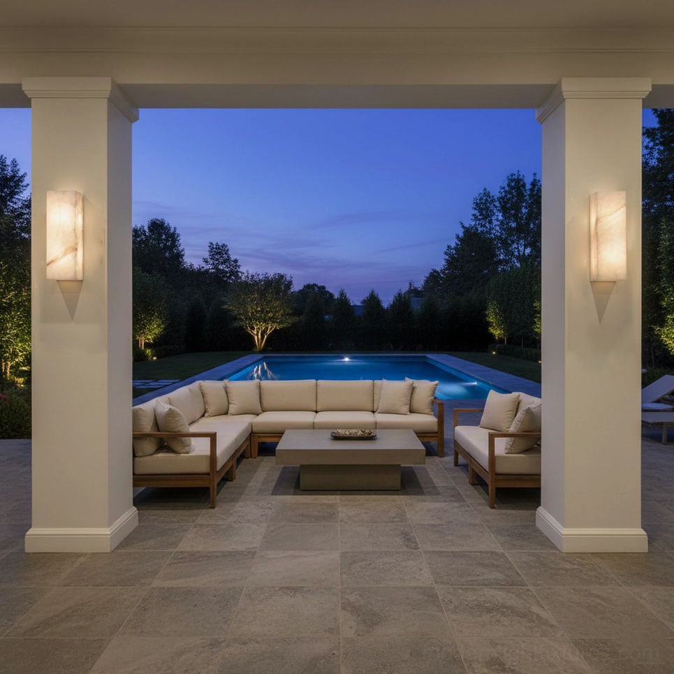 Alabaster wall sconce nighttime poolside lounge area outdoor warm ambient lighting luxury patio