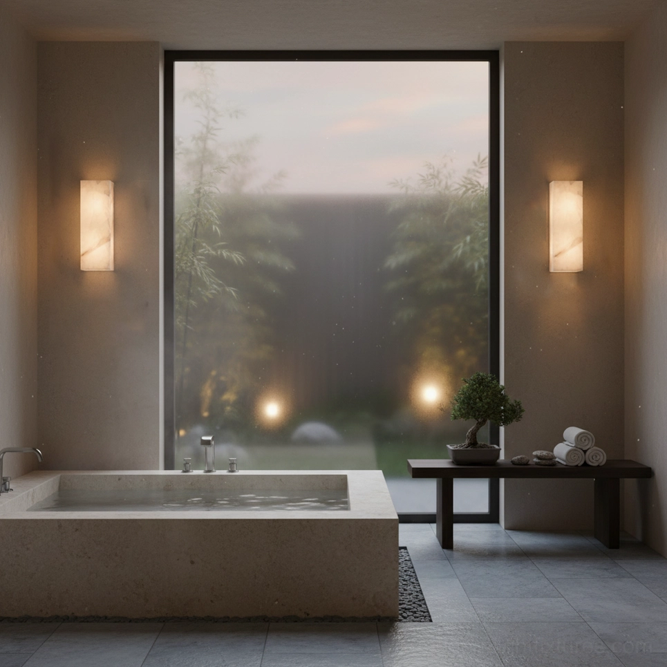 Modern alabaster wall sconce close-up natural stone texture semi-translucent light diffusion
