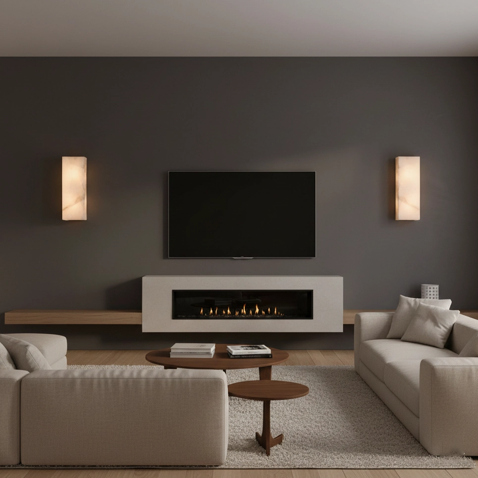 Alabaster wall sconce transitional interior design style natural material refined proportions