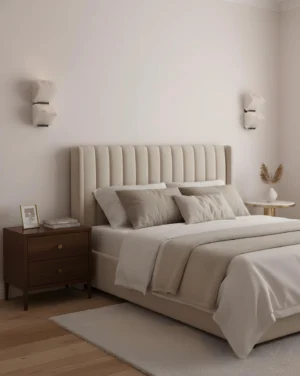 Pair of alabaster wall sconces bedroom installation master bedroom design symmetrical headboard accent lighting