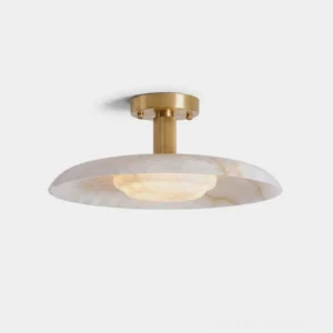 Selmora alabaster semi-flush ceiling light with reeded brass stem, overhead studio view