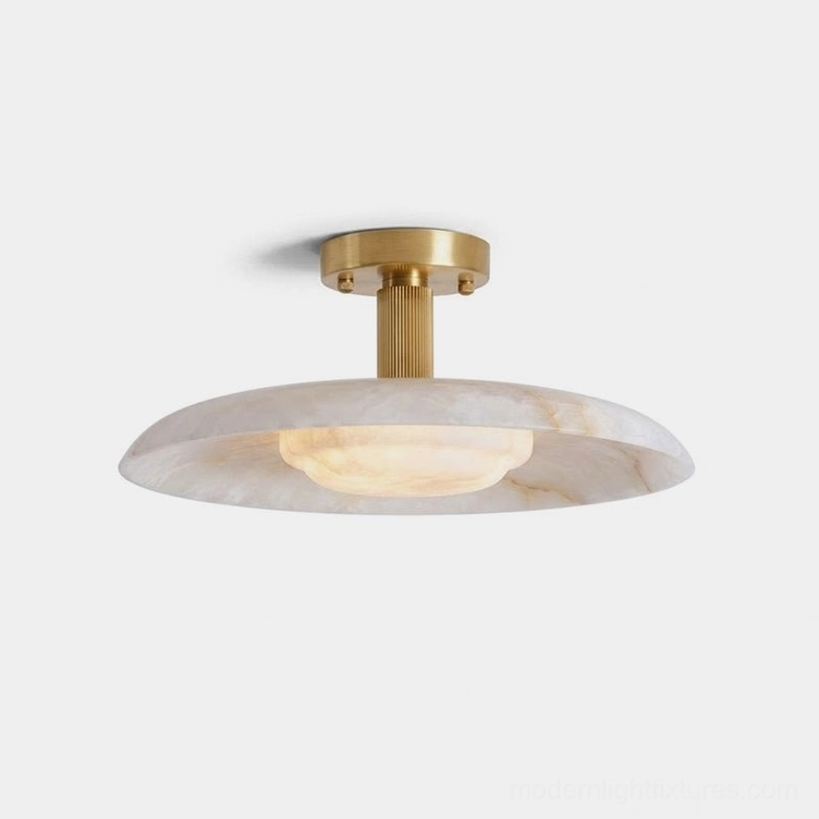 Selmora alabaster semi-flush ceiling light with reeded brass stem, overhead studio view