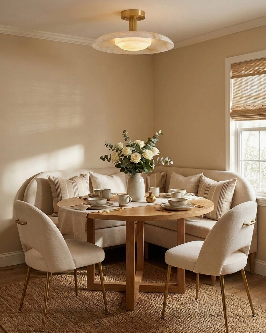 Natural alabaster saucer ceiling light casting warm glow in residential dining area