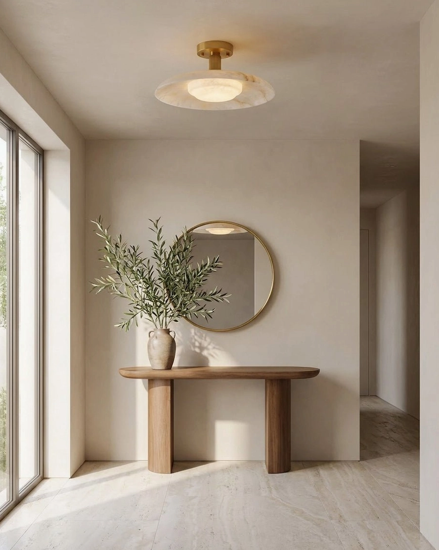 Semi-flush alabaster light fixture above console table in sunlit contemporary entryway