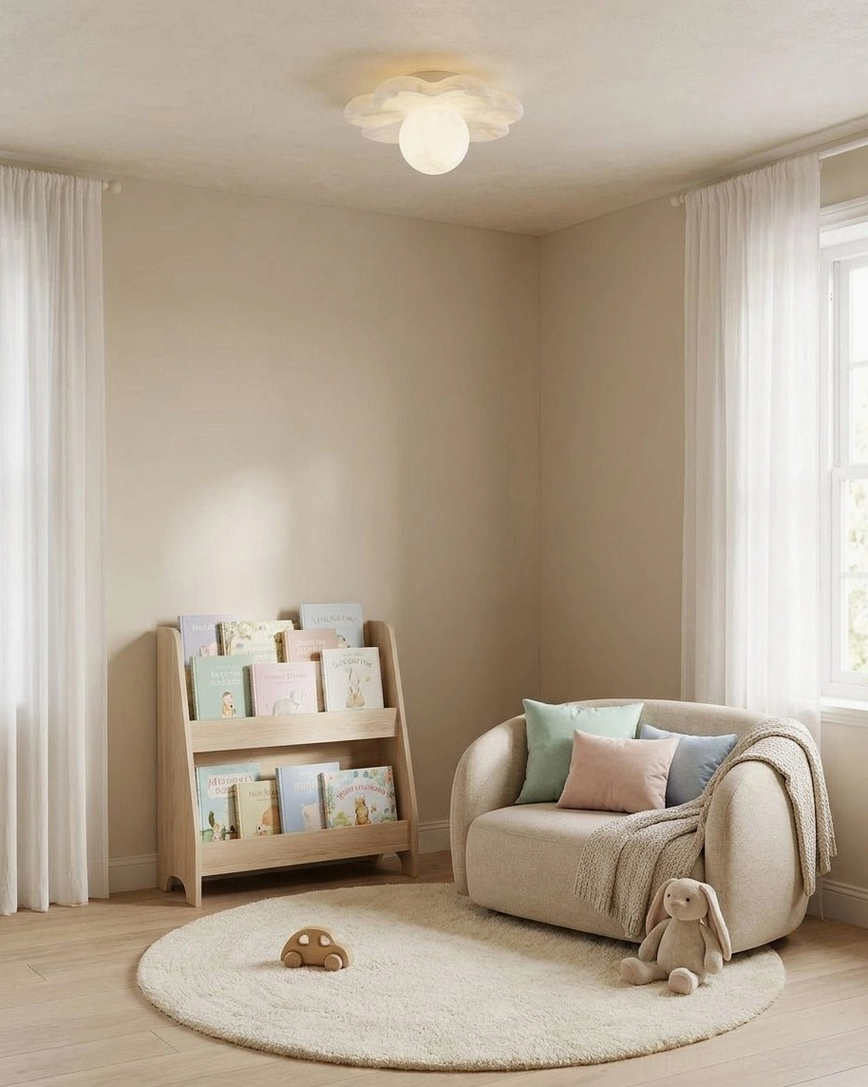 Natural alabaster flower ceiling light in cozy reading nook with comfortable armchair, bookshelf, and area rug