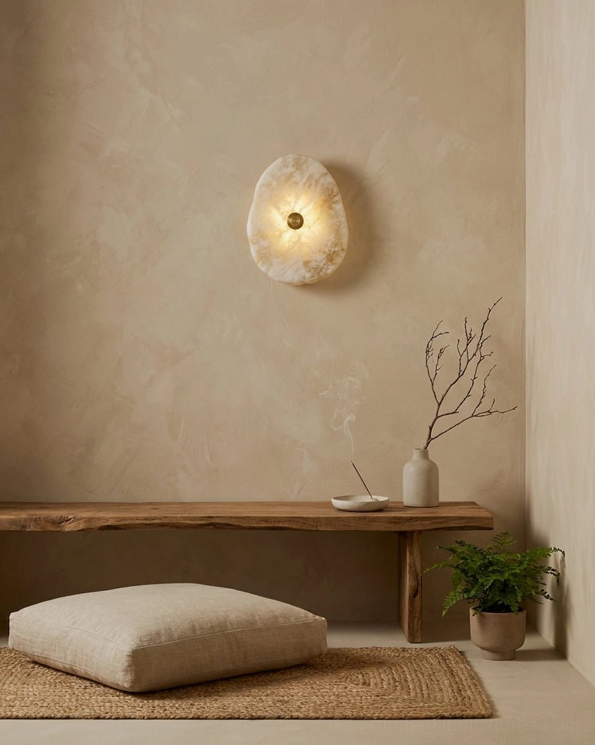 Close-up detail of hand-cut alabaster stone showing natural veining and translucency with brass mount hardware