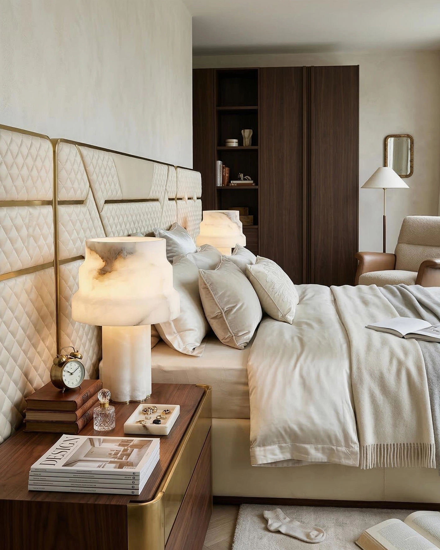 Selmora alabaster lamp on bedroom nightstand beside tufted headboard in cozy neutral master bedroom