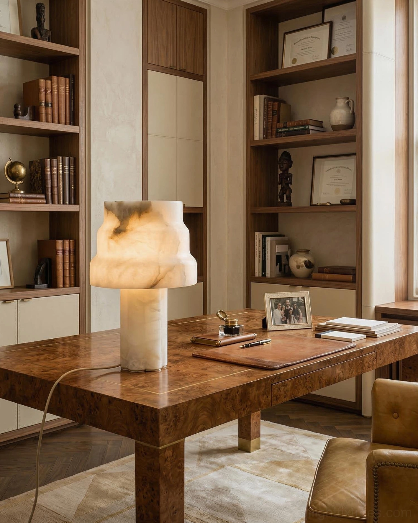 Alabaster table lamp on dark wood desk in traditional home office with walnut bookshelves workspace