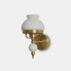 Retro Yuna alabaster dome wall sconce with aged brass gallery and turned finial, front studio view