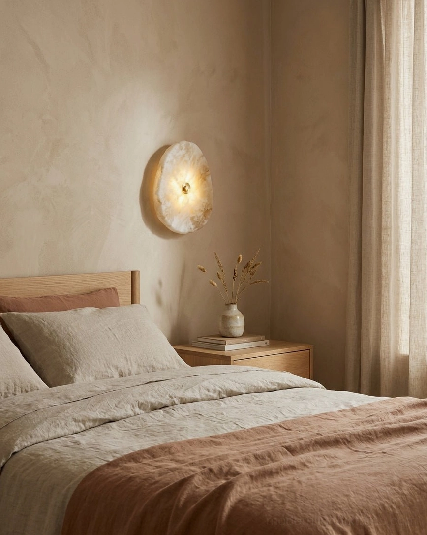 Natural stone alabaster sconce glowing softly above wooden bedside table in minimalist bedroom with neutral bedding