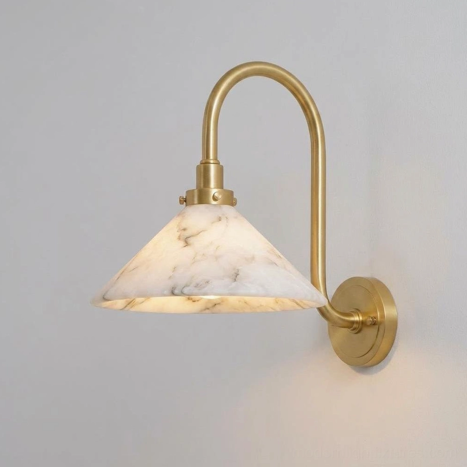 Lunelle alabaster wall sconce side close-up, polished brass arm and conical stone shade detail