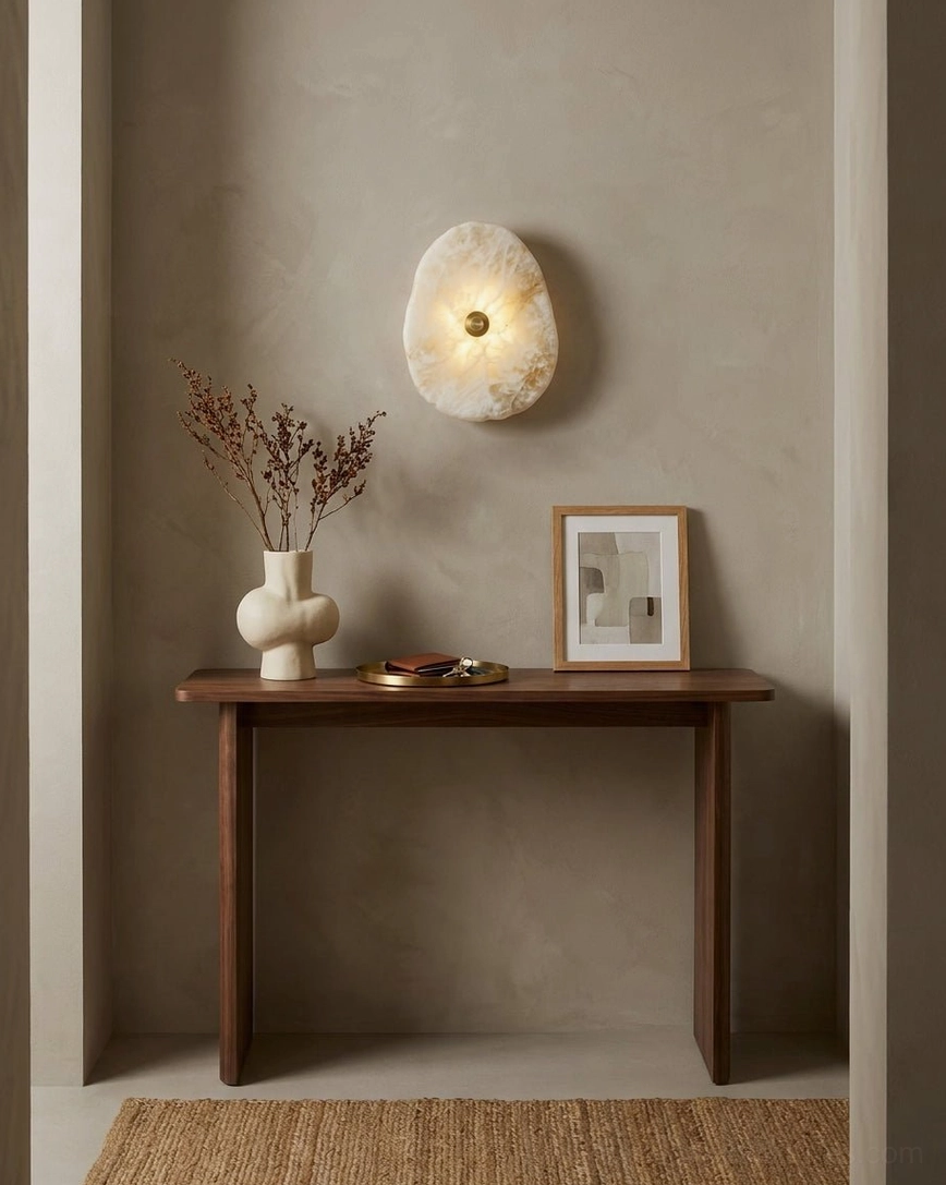 Backlit alabaster wall sconce above entryway console table with decorative vase and framed art, warm neutral styling