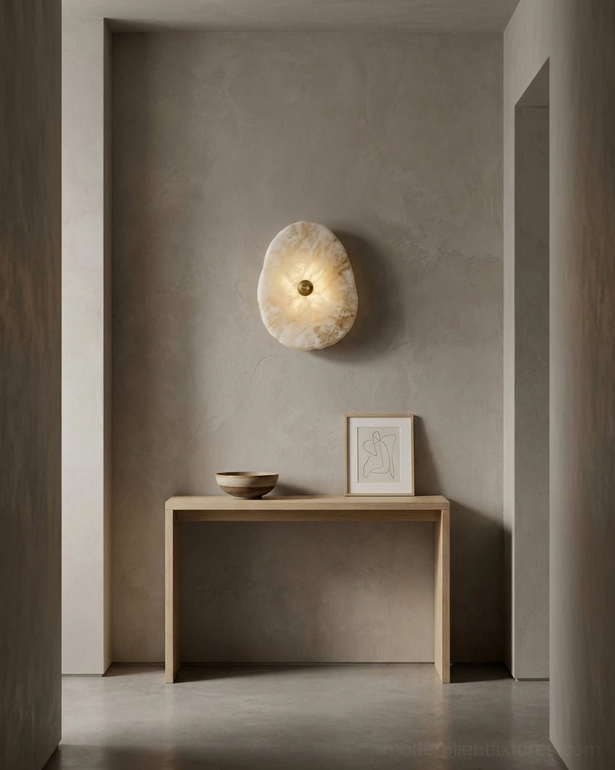 Backlit alabaster stone sconce flanking grey foyer wall with console table decor and minimalist entryway styling