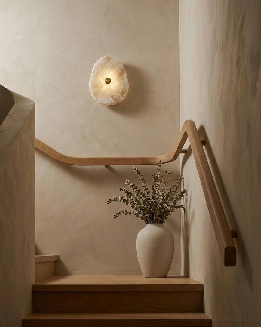 Natural stone alabaster sconce on residential stairwell with wooden handrail, creating warm atmospheric stair lighting