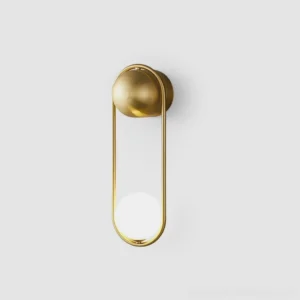 Alaynia minimalist globe wall sconce polished brass metal loop frame with frosted glass sphere, front studio view modern lighting fixture