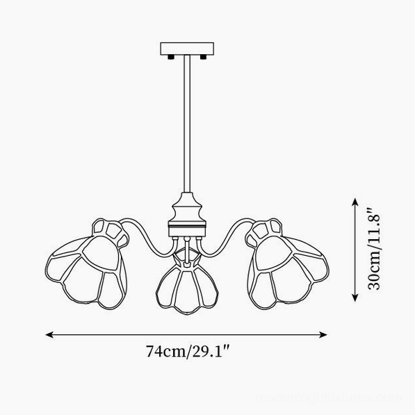 3-head floral chandelier technical drawing orthographic specification 74cm width 30cm height