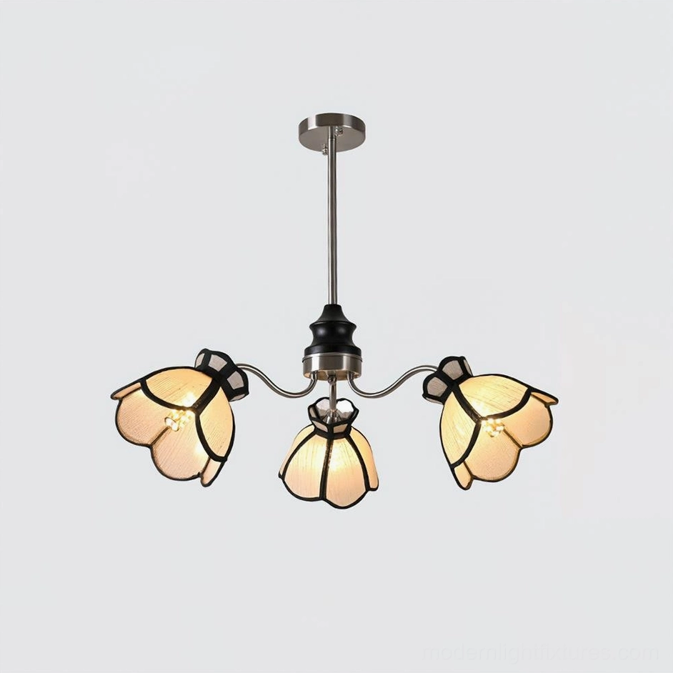 3-head floral chandelier with beige plant fiber shades and polished chrome metal framework detail