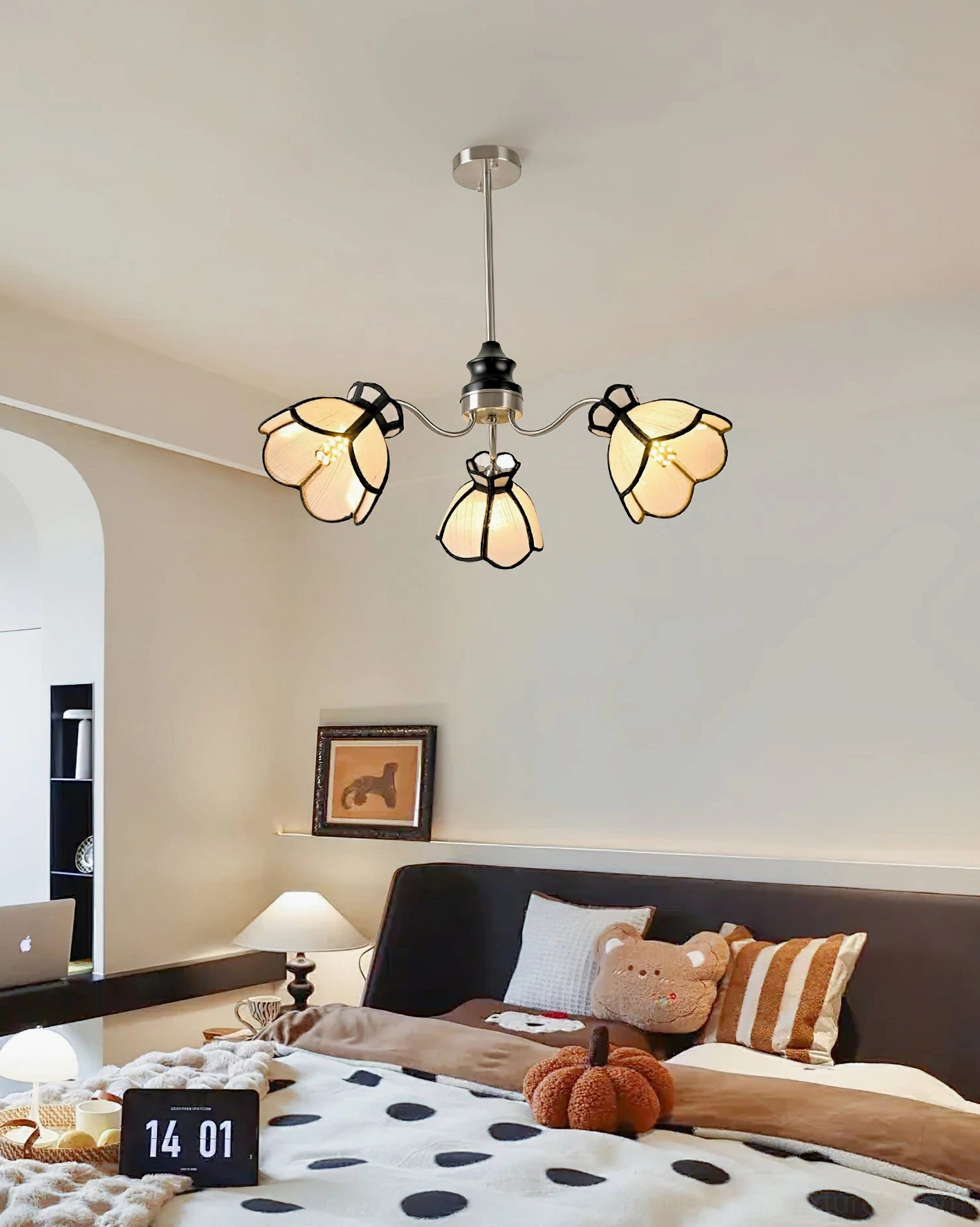 Alessio 5-head floral chandelier with natural plant fiber beige shades and polished chrome metal framework