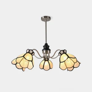 Alessio 5-head floral chandelier front view with beige flower shades and polished chrome metal frame against white background