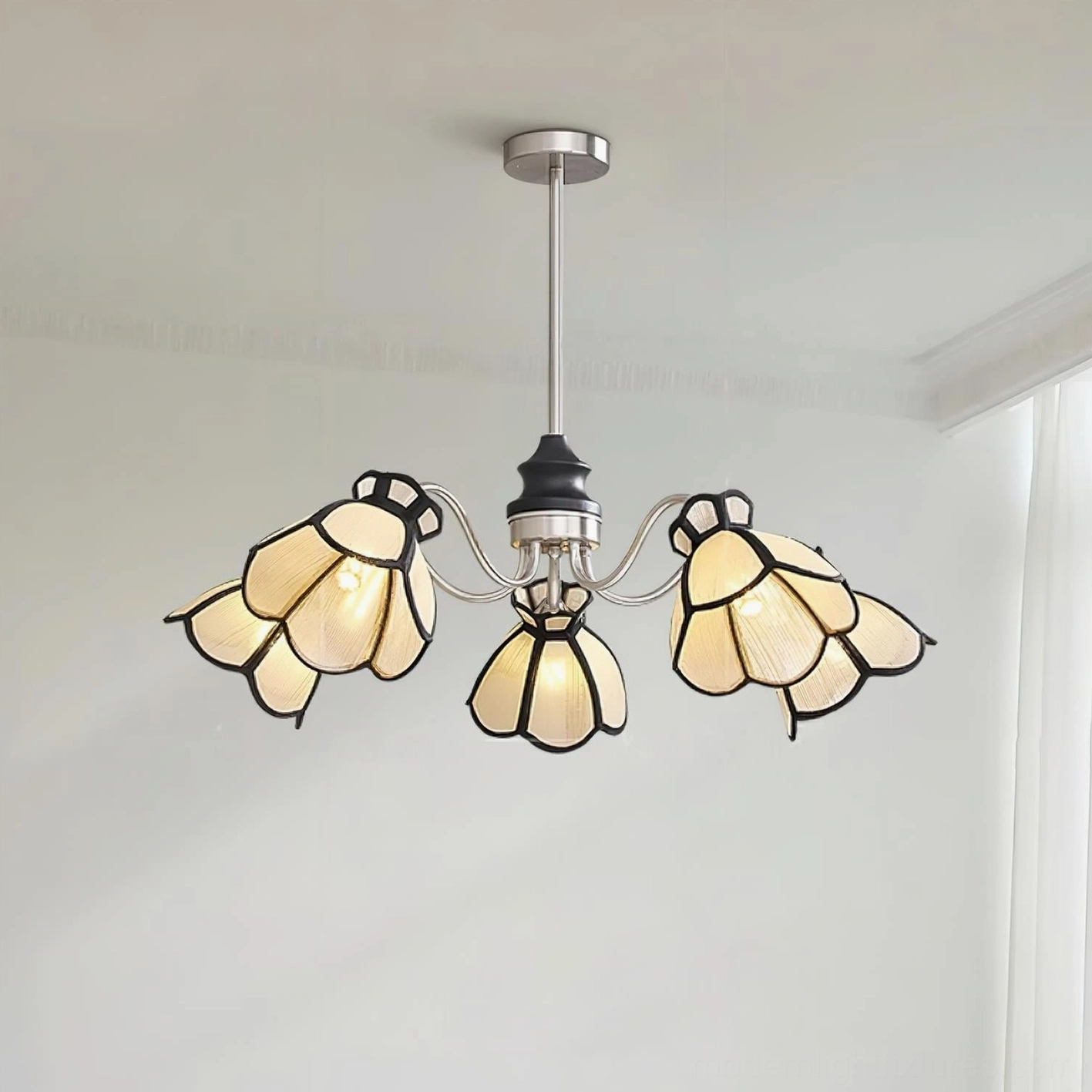 5-head flower chandelier studio front flat view with vintage black and silver hardware on light background