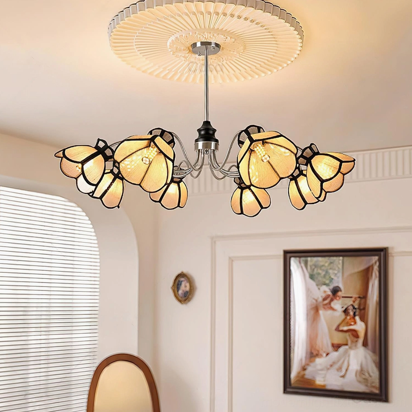 8-head flower chandelier low-angle view in retro dining room with pleated ceiling medallion and multiple botanical shades
