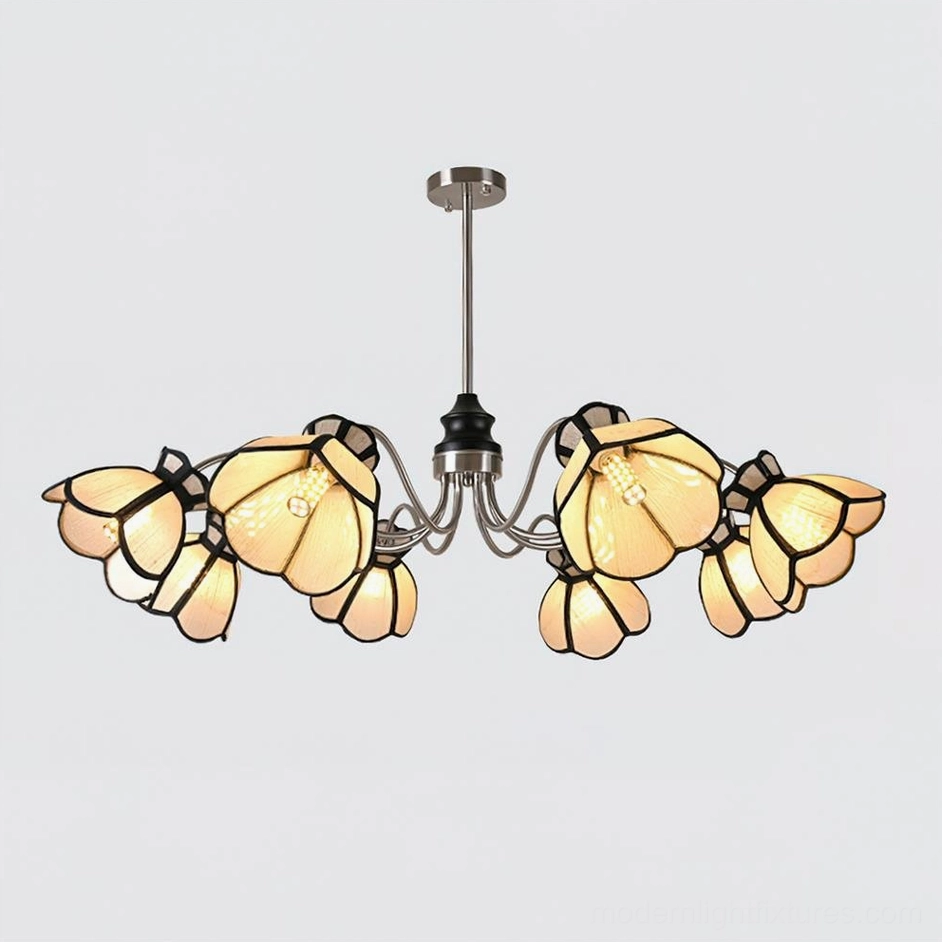 8-head large floral chandelier full view showing all botanical shades and chrome metal frame span