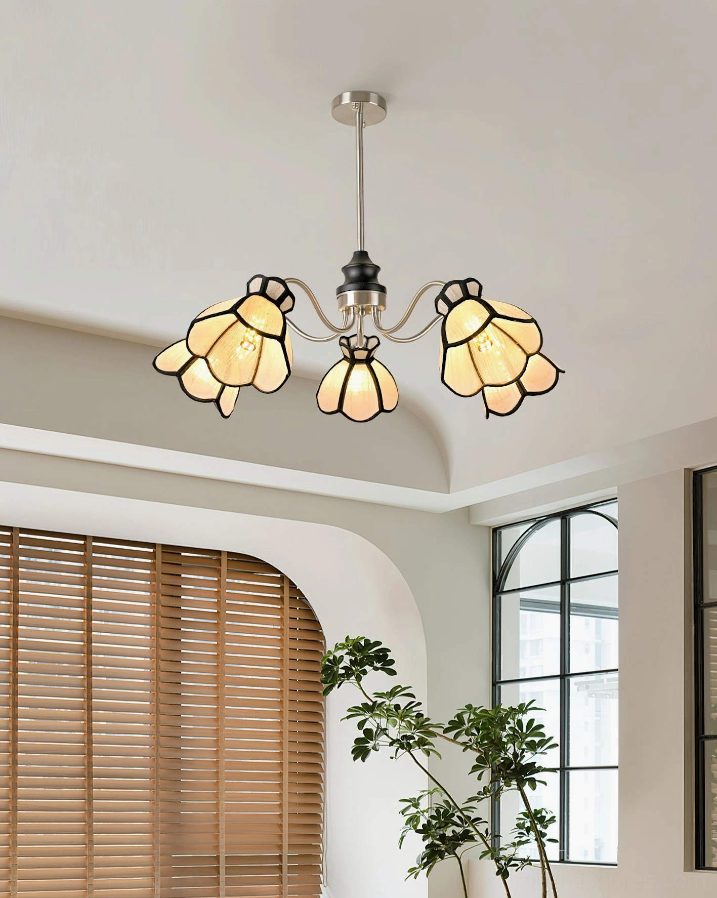 Alessio floral chandelier showing multiple pendant heads with natural beige botanical shades