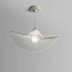 Modern Alice pendant light installed on ceiling with decorative ceiling rose white metal frame