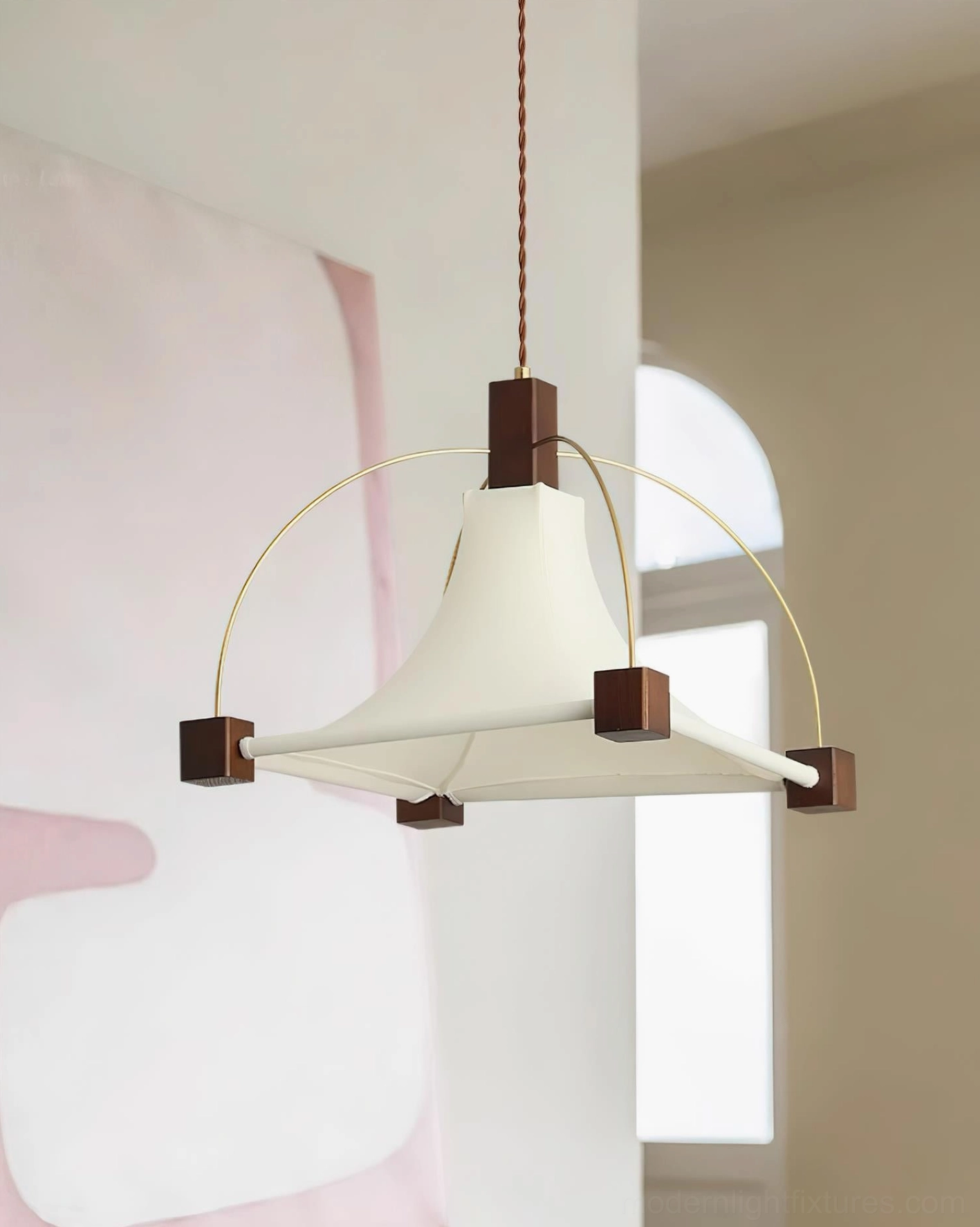 Modern pendant light with soft fabric dome and wooden frame - Allegra in residential setting