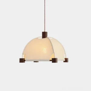 Modern fabric dome pendant light with walnut wood accents - Allegra pendant lamp front view against white background