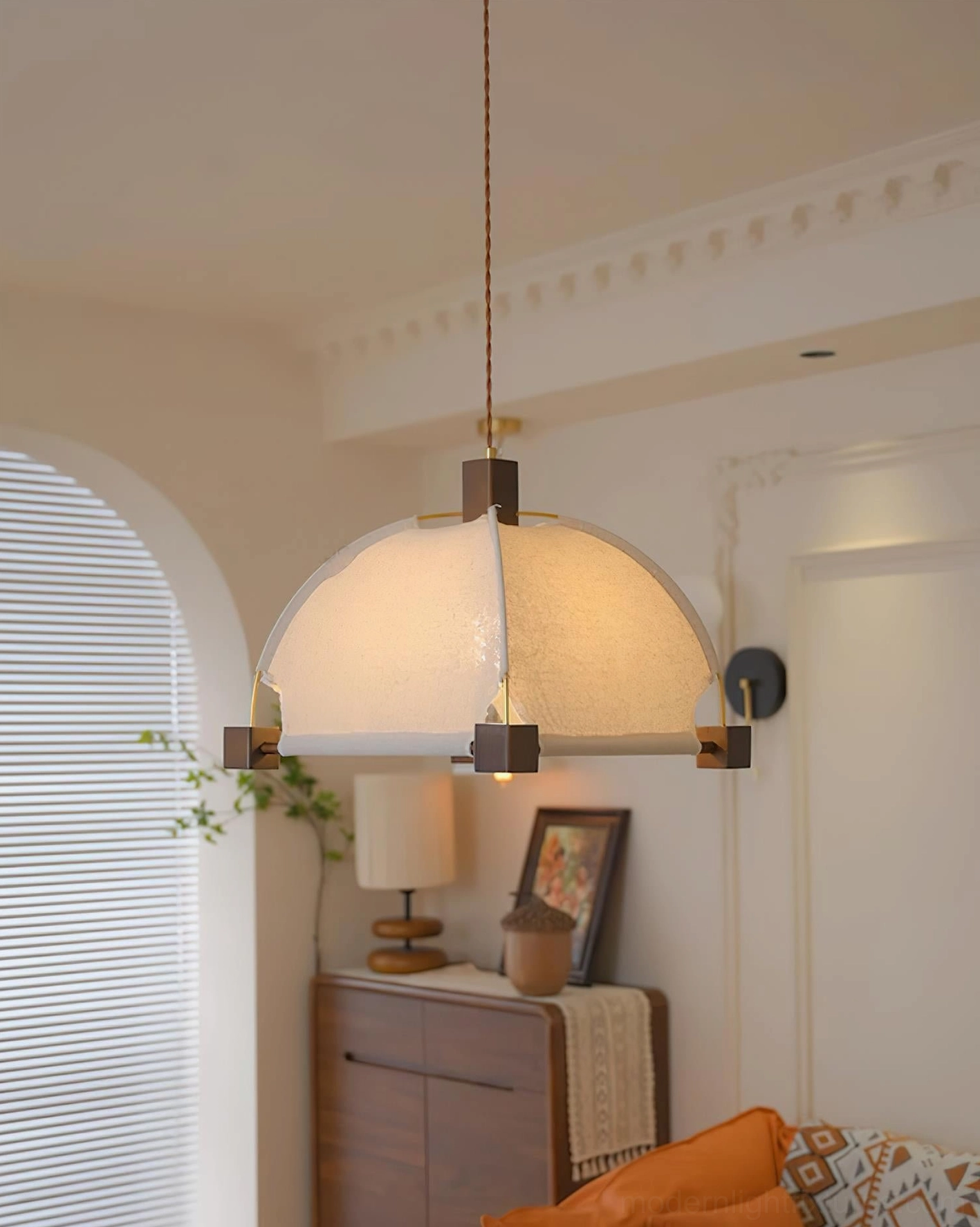 Modern fabric pendant light with wood accents in neutral interior - Allegra design aesthetic