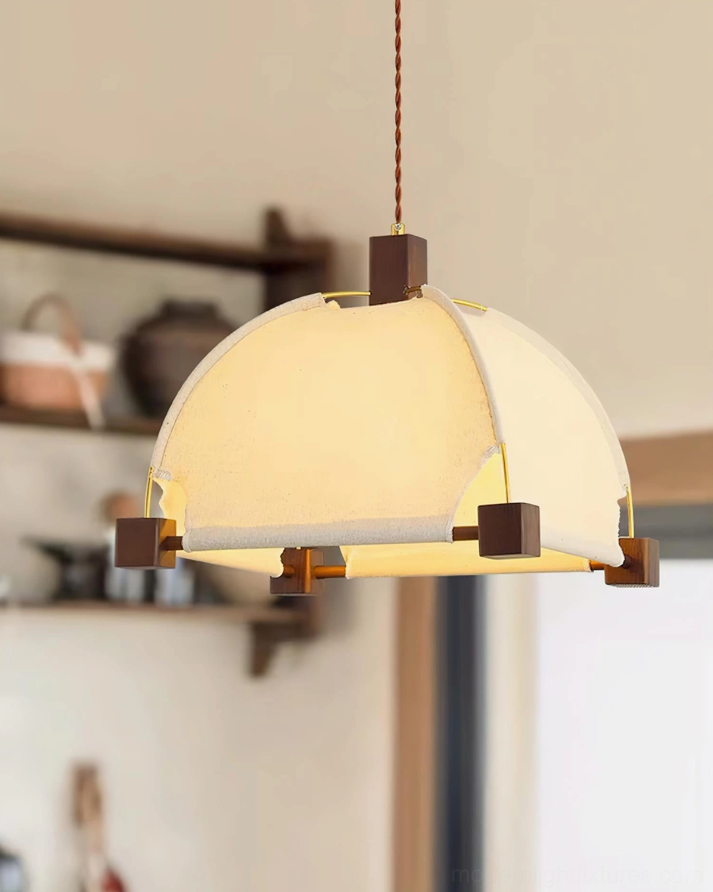 Fabric dome pendant light with walnut wooden accents - Allegra modern fixture in home