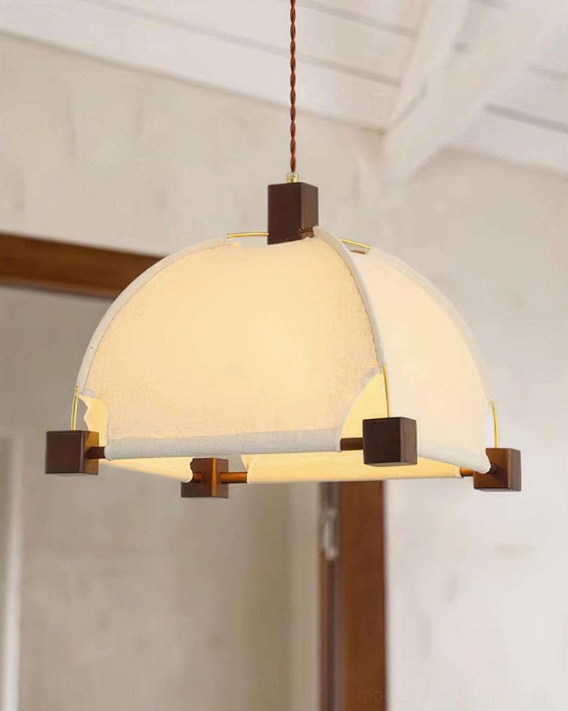 Modern fabric pendant light fixture with wood accents installed in contemporary home - Model A specification