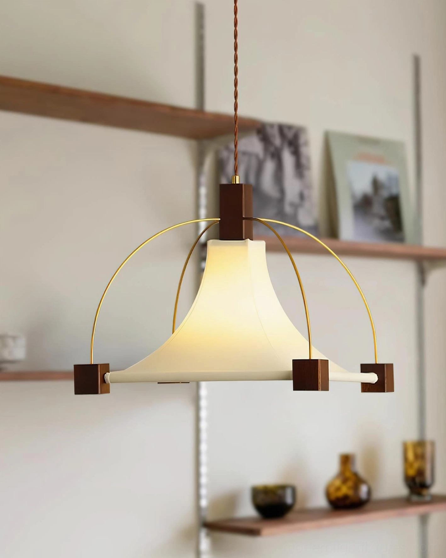 Contemporary Allegra fabric pendant light fixture - Model B specifications with walnut finish