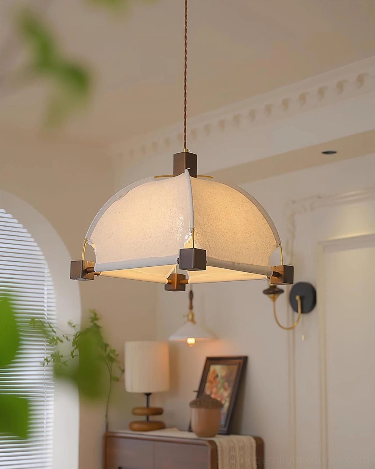 Modern fabric pendant lamp with wooden details - Allegra fixture overhead lighting