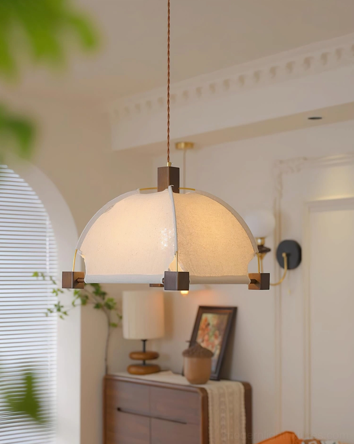 Modern Allegra pendant light with wood frame accents in contemporary home design