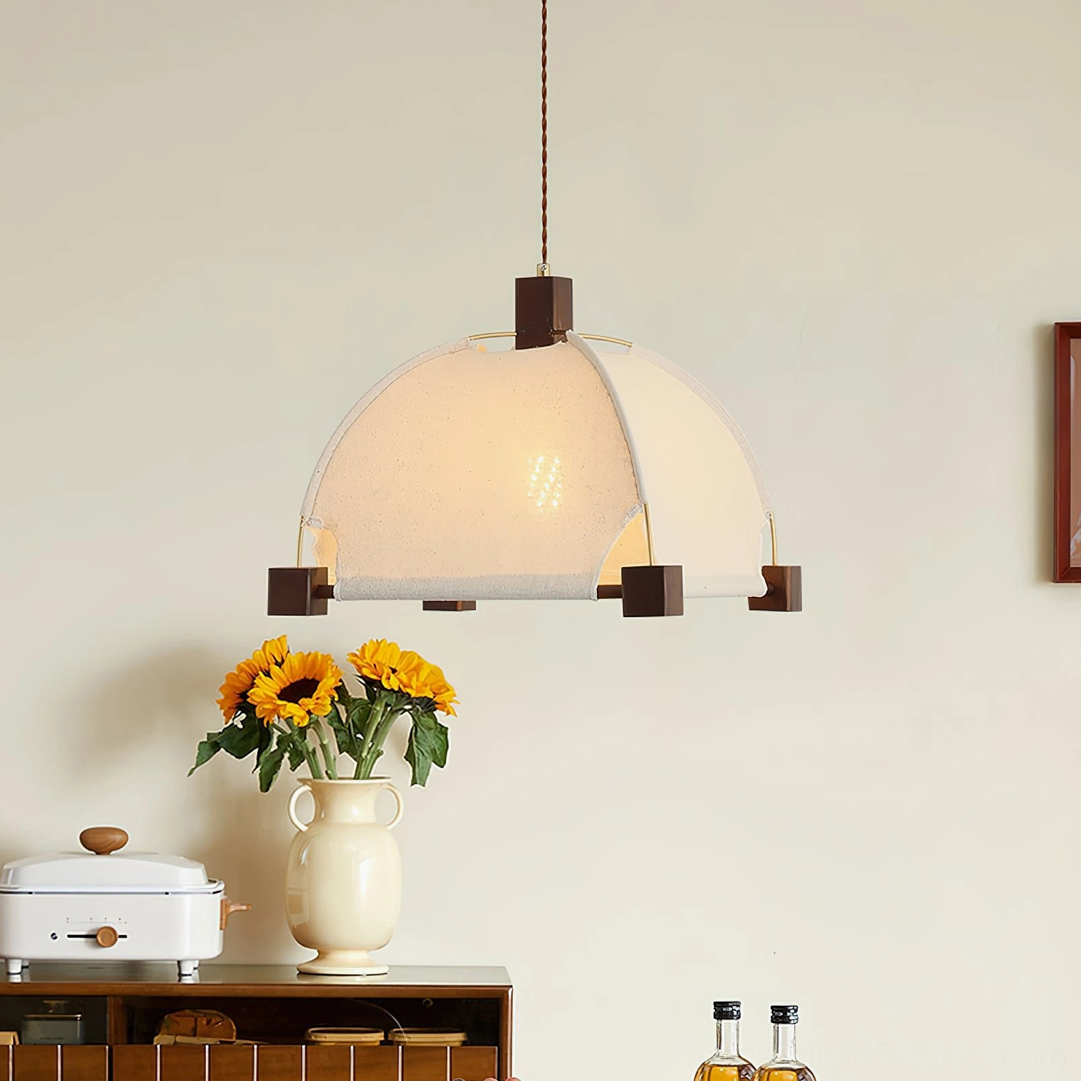 Contemporary fabric pendant light with wooden fixtures in modern home interior - Allegra hanging light