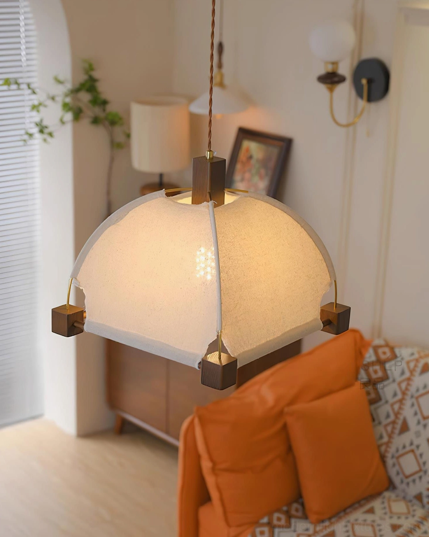 Allegra fabric dome pendant light installation in modern kitchen - adjustable height cord visible