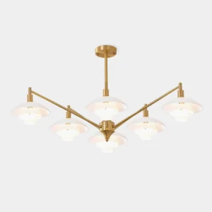 Alora 6-head brass chandelier modern pendant fixture with layered white glass shades front view