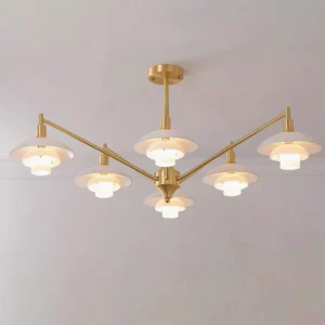 Alora Nordic multi-head chandelier oblique angle showing dual-layer glass shades and brass arms