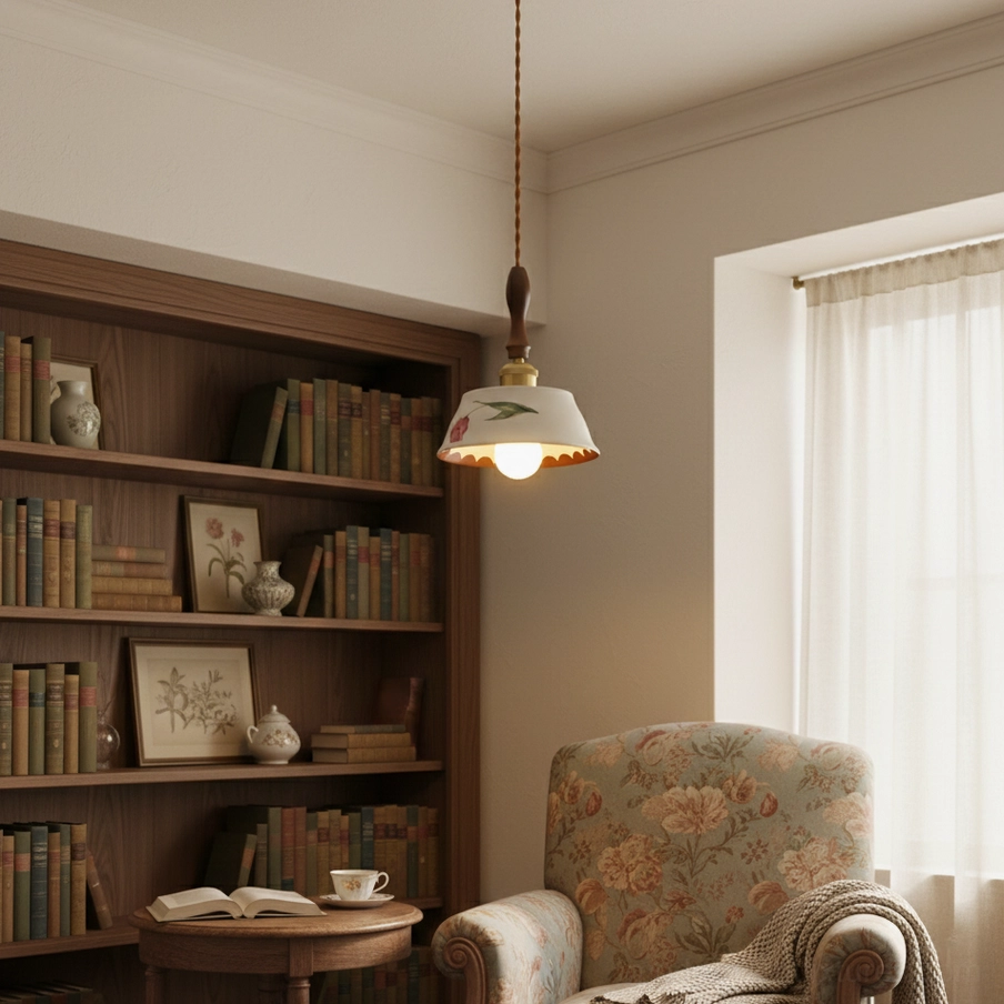 Alouette botanical pendant lamp single fixture reading nook ambient cozy lighting bookshelf