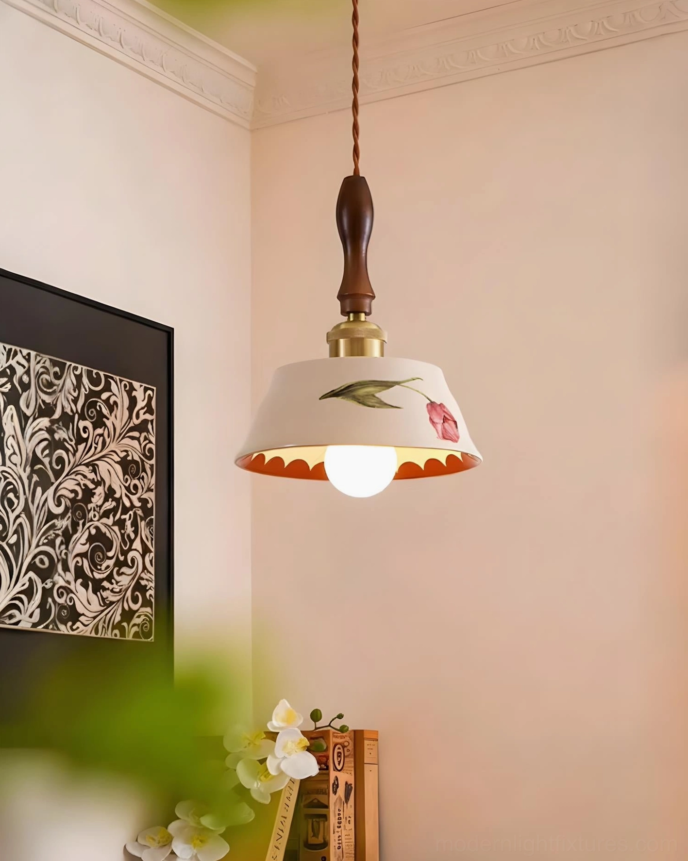 Alouette hand-painted ceramic pendant lamp side view wood brass accents retro country style